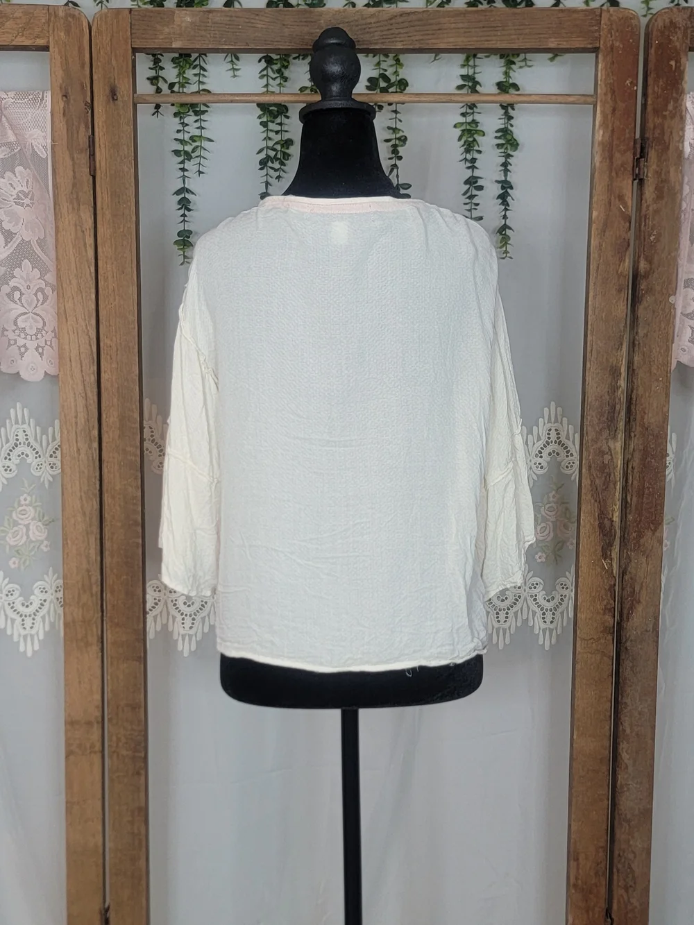 Blue Rain Ivory Embroidered Boho Peasant Blouse | Crochet Lace Tassel Tie Top